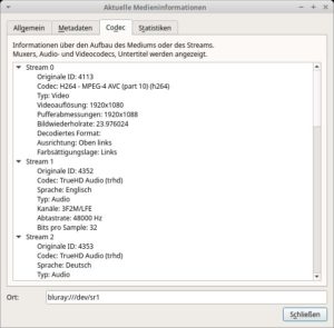 Abbildung 2: <span class="ui-element">Aktuelle Medieninformation</span> liefert Daten zu dem eingelegten Medium, die sich beim Transkodieren als n&uuml;tzlich erweisen.