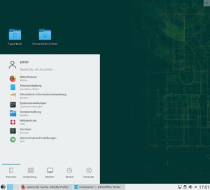 Abbildung 2: Startmenü, Fensterleiste unten, auf dem Desktop ablegbare Ordner und Dateien: So konservativ fällt die KDE-Startkonfiguration aus.