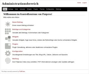 Abbildung 3: &Uuml;ber das obere Men&uuml; im Administrationsbereich sind alle Flatpress-Funktionen zu erreichen. Die Rubrik "Start" greift zur besseren &Uuml;bersicht die wichtigsten davon heraus.