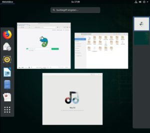Abbildung 4: In die &uuml;ber [Super] erreichbare Aktivit&auml;ten&uuml;bersicht packt Gnome das Startmen&uuml; (nach Tippen einiger Buchstaben), einen Anwendungsumschalter (Mitte) und die Verwaltung der virtuellen Desktops (rechts).