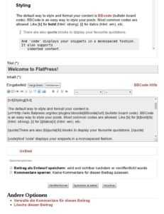 Abbildung 4: Der Flatpress-Editor arbeitet nicht nach dem WYSIWYG-Prinzip: Formatierungen f&uuml;gen Sie mit den vielen Forennutzern wohlbekannten BBCode-Tags ein. Ein Klick auf <span class="ui-element">Vorschau</span> zeigt das Ergebnis (oben).