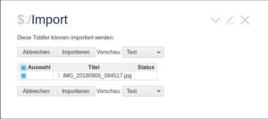 Abbildung 5: Bilder aus lokalen Beständen ziehen Sie einfach in TiddlyWiki hinein. Nach einem Klick auf <span class="ui-element">Import</span> im Import-Tiddler landet das Bild direkt in der HTML-Datei.