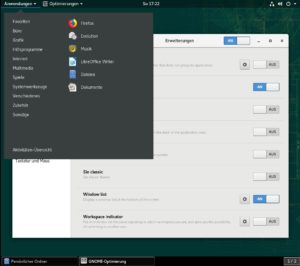 Abbildung 6: Nach Freischalten der vorinstallierten Erweiterungen <span class="ui-element">Applications Menu</span> und <span class="ui-element">Window List</span> in <span class="ui-element">Optimierungen</span> sieht Gnome dem klassischen Windows-95-Desktop mit Startmenü und Fensterleiste deutlich ähnlicher.