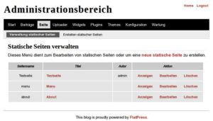 Abbildung 7: Statische Seiten enthalten statt Blog-Eintr&auml;gen einen einzigen ebenfalls formatierbaren Textblock. Mithilfe des vorinstallierten BlockParser-Plugins lassen sich statische Seiten als Textbl&ouml;cke auf der Startseite einbetten.