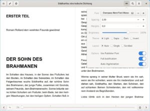 Abbildung 1: Foliate pr&auml;sentiert sich als moderner E-Book-Reader mit Unterst&uuml;tzung von Gesten und integrierter Sprachausgabe.