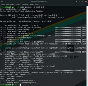 Abbildung 1: Das selbst gebaute Paket <span class="ui-element">test-zsh</span> zieht bei der Installation automatisch Zsh samt passender Erweiterungen mit und kopiert auch gleich die richtigen Einstellungen ins System.
