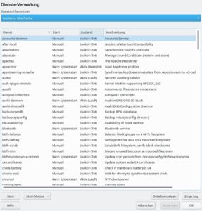 Abbildung 1: Das YaST-Modul <span class="ui-element">Dienste-Verwaltung</span> zeigt eine lange Liste aller verfügbaren Systemdienste, startet oder beendet sie auf Mausklick oder konfiguriert den automatischen Start beim Booten.