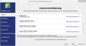 Abbildung 2: Das sieht man heute eher selten: Sie müssen vor der Installation die Lizenzvereinbarungen diverser Firmen abnicken, um Condres OS auf die Platte zu bekommen.