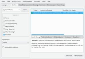 Abbildung 3: Welche Funktion steckt hinter dem Dienst <code>plymouth-kexec</code>? Die Suche nach dessen Konfigurationsdatei in der Software-Verwaltung findet das Paket <span class="ui-element">plymouth</span>, das gemäß Paketbeschreibung eine "grafische Animation während des Bootvorgangs" zur Verfügung stellt.