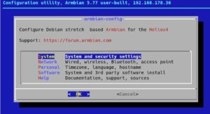 Abbildung 4: Das Konsolen-Tool Armbian-Config stellt vielf&auml;ltige M&ouml;glichkeiten bereit, um das Helios4-NAS zu konfigurieren und zus&auml;tzliche Software zu installieren.