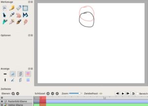 Abbildung 4: Hier gibt es zwei Einzelbilder, die Pencil2D nacheinander abspielen würde. Der schwarze Kreis liegt auf dem zweiten Einzelbild, der Kreis auf dem ersten Einzelbild scheint in Hellrot durch.