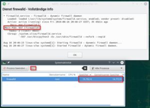 Abbildung 4: Wie viel RAM belegt eigentlich der Firewall-Dienst? Mithilfe der PID im <span class="ui-element">Details</span>-Dialog und dem KDE-Programm <span class="ui-element">Systemaktivität</span> finden Sie es heraus.