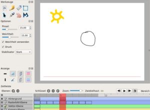 Abbildung 7: Hier wäre das erste Einzelbild des Hintergrunds vier Einzelbilder lang zu sehen. Dann wechselt Pencil2D zum Einzelbild mit der Sonne.