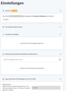 Abbildung 1: Die Einstellungen der Chrome-Erweiterung erlauben neben dem Einbinden des Premium-Accounts das Editieren des pers&ouml;nlichen W&ouml;rterbuchs, das Deaktivieren von Regeln sowie den Ausschluss der Pr&uuml;fung auf bestimmten Domains.