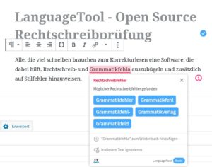 Abbildung 2: Ein Klick mit der linken Maustaste auf einen bem&auml;ngelten Begriff &ouml;ffnet ein Men&uuml;, das Alternativen anbietet. Zudem l&auml;sst sich der Begriff f&uuml;r diesen Text ignorieren oder ins pers&ouml;nliche W&ouml;rterbuch &uuml;bernehmen.