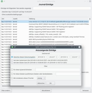 Abbildung 2: Das YaST-Modul <span class="ui-element">Systemd-Journal</span> zeigt nach dem Start das ganze System-Log eines Tages, bietet aber etliche M&ouml;glichkeiten, Informationen aus dem Zeichensalat herauszufiltern (unten).