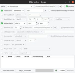 Abbildung 6: Hier würde Geeqie alle Bilder für Sie suchen, die im <span class="ui-element">Dateinamen</span> das Kürzel <span class="ui-element">IMG</span> tragen und 640 mal 480 Pixel groß sind.