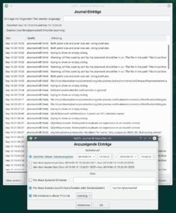 Abbildung 7: Obwohl augenscheinlich alles normal funktioniert, wirft die KDE-Komponente Plasma-Shell wild mit Warnungen um sich.