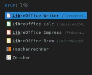 Abbildung 2: Den Anwendungsstarter von Regolith &ouml;ffnen Sie &uuml;ber die Tastenkombination <span class="key-combo">[Super]+[Leer]</span>. &Auml;hnlich wie etwa bei Gnome reduziert das System bei Eingabe eines Suchbegriffs die Anzahl der angezeigten Optionen auf die entsprechenden Treffer.