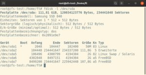 Abbildung 3: Der Befehl <code>fdisk -l</code> zeigt, wie Ubuntu beim Einsatz von ZFS die Partitionen aufteilt. Neben der Boot-Partition sind in einer erweiterten Partition der Swap-Bereich und zwei weitere Partitionen mit dem Label <span class="ui-element">FreeBSD</span> angelegt.