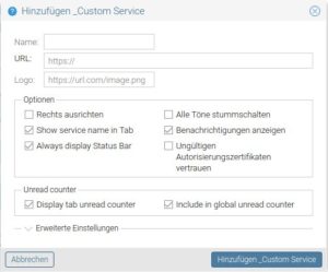 Abbildung 4: Mit nur wenigen Mausklicks legen Sie in Rambox neue Dienste in Form eines <span class="ui-element">Custom Service</span> an.