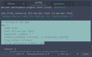 Abbildung 4: Die Konfiguration des i3-Desktops erfolgt &uuml;ber eine einzelne Datei. Die Option <code>mode hide</code> bewirkt, dass die Fu&szlig;leiste nur bei gedr&uuml;cktem [Super] erscheint. Die Zeile <code>tray_output primary</code> aktiviert in der Leiste noch ein Benachrichtigungsfeld f&uuml;r Anwendungen wie das Netzwerkmanager-Applet oder Skype.