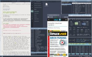 Abbildung 6: Ein vollgepackter Regolith-Desktop mit Gnome Builder als Texteditor, Irssi zum Chatten via IRC und dem textbasierten Musikplayer Cmus in der rechten oberen Ecke. Der Firefox-Browser schwebt im Floating-Modus &uuml;ber allen Dingen.