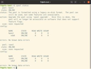 Abbildung 6: Eine Statusabfrage mittels <code>zpool status</code> zeigt den Zustand aller Pools und eventuell notwendige Aktionen an.