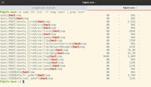 Abbildung 7: Der List-Befehl zeigt, dass Ubuntu f&uuml;r jedes Dataset einen einzelnen Snapshot anlegt. Derzeit fehlt noch eine einfache M&ouml;glichkeit, alle auf einmal zur&uuml;ckzurollen. Das geh&ouml;rt k&uuml;nftig vermutlich unter anderem zu den Aufgaben des Zsys-Daemons.