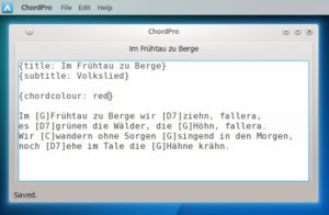 Abbildung 1: Der Texteditor von ChordPro mit eingefügtem und mit Akkorden versehenem Liedtext.