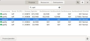 Abbildung 1: Die offizielle Spotify-Anwendung schluckt schon im Leerlauf &uuml;ber 200&nbsp;MByte Arbeitsspeicher. Der schlanke Spotifyd begn&uuml;gt sich hingegen mit gerade einmal 3&nbsp;MByte.