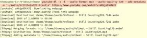 Abbildung 2: Dieser etwas komplexere String zeigt einen Teil der M&ouml;glichkeiten, die Youtube-dl beim Herunterladen von Audiodateien bietet.
