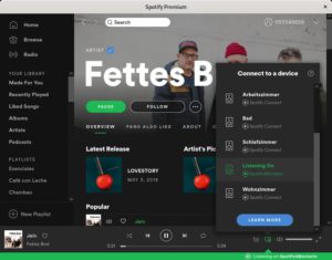 Abbildung 3: Spotifyd l&auml;sst sich auch aus der offiziellen Spotify-Anwendung heraus ansteuern. In der Liste der mit Spotify-Connect verbundenen Ger&auml;te erscheint er als <span class="ui-element">Spotifyd@<Rechnername></span>.
