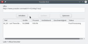 Abbildung 4: Schlicht aber zweckm&auml;&szlig;ig: die grafische Oberfl&auml;che Youtube-DLG. In den oberen Bereich kopieren Sie die URL, der untere informiert &uuml;ber den aktuellen Status.