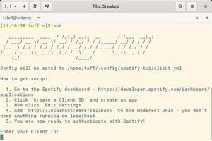 Abbildung 6: Beim ersten Start m&ouml;chte Spotify&nbsp;TUI die <span class="ui-element">Client ID</span> und das <span class="ui-element">Client Secret</span> wissen. Die daraus resultierende URL versucht das Setup in einem Browser zu &ouml;ffnen. Im letzten Schritt &uuml;bertragen Sie diese Adresse in das Terminalfenster.