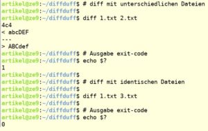 Abbildung 1: Der Vergleich zweier Textdateien mit Diff, wobei der Exit-Code bereits Auskunft über mögliche Unterschiede gibt.