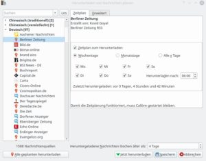 Abbildung 10: Zeitungen, Zeitschriften und Magazine abonnieren Sie in Calibre kostenlos als RSS-Feeds. Das Programm wandelt sie während des Herunterladens ins EPUB-Format um.