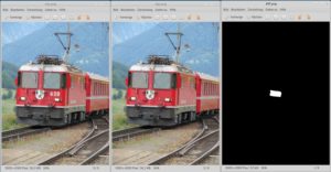 Abbildung 12: Links sehen Sie das Original, in der Mitte das bearbeitete Bild, rechts die Ausgabe der Differenzen der beiden Bilder, wobei die hellen Pixel die Lage der Änderungen anzeigen.