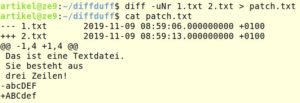 Abbildung 13: Gerade bei Quellcode ist es sinnvoll, lediglich die Differenzen zu einer früheren Datei als sogenannten Patch bereitzustellen. Dessen Größe ist meist weitaus geringer, was beim Übertragen übers Netz Vorteile bringt.