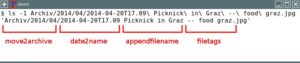 Abbildung 1: Die Teile des Pfads beziehungsweise des Dateinamens, die jeweils durch den Einsatz eines bestimmten Tools entstanden, sind hier rot markiert.