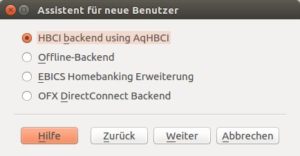Abbildung 1: Ein Assistent f&uuml;hrt Sie durch die Einrichtung des Online-Bankings. KMyMoney beherrscht verschiedene Verfahren; in Deutschland ist HBCI Standard.