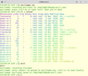 Abbildung 1: Asciinema nimmt das Geschehen auf dem Desktop auf. Das Ergebnis liegt als spezielle Cast-Datei vor, die sich &uuml;ber das Terminal oder einen webbasierten Player wieder abspielen l&auml;sst.