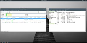 Abbildung 2: Erst ein Blick auf Gparted und die Ausgabe des Befehls <code>df -h</code> offenbart, dass im Hintergrund ein angepasstes Live-System l&auml;uft.