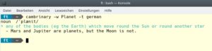 Abbildung 2: Mit dem Parameter <code>-t</code>, gefolgt von Namen einer unterst&uuml;tzten Sprache weisen Sie Cambrinary an, beispielsweise deutsche Begriffe zu erkl&auml;ren. Die Erkl&auml;rung selbst erfolgt jeweils in Englisch.