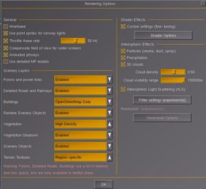 Abbildung 2: Die <span class="ui-element">Rendering Options</span> passen den Ressourcenverbrauch von Flightgear für akzeptable Frame-Raten auf Ihrem System an.