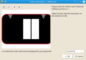 Abbildung 5: Je nach Bank legitimieren Sie Ihre &Uuml;berweisung auf unterschiedliche Weise. Hier wird ein Flicker-Code eingeblendet, den Sie mit einem speziellen TAN-Generator einlesen. Er gibt anschlie&szlig;end in Verbindung mit Ihrer zum Konto geh&ouml;rigen Chip-Karte die passende TAN aus. Andere Banken zeigen einen QR-Code an, den Sie mit einer App einscannen.