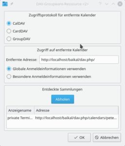 Abbildung 6: Kontact ben&ouml;tigt nur die Baikal-Basisadresse sowie den Objekttyp (CalDAV/CardDAV), um alle auf dem Server angelegten Objekte einzubinden.