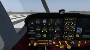 Abbildung 10: Mit <span class="key-combo">[Strg]+[C]</span> blenden Sie eine gelbe Hilfemarkierung aller anklickbaren Stellen im Cockpit und (in der Cessna) zus&auml;tzlich die Namen der Elemente ein.