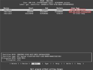 Abbildung 1: Mithilfe des Konsolenwerkzeugs Cfdisk machen Sie die OpenSuse-Systempartition (hier 197,5 GByte) und gegebenenfalls die kleine EFI-Bootpartition (hier 500 MByte) leicht ausfindig.