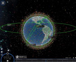 Abbildung 2: Die Webseite Celestrak stellt alle um die Erde kreisenden Satelliten, aber auch Weltraumschrott (rot markiert) übersichtlich dar.
